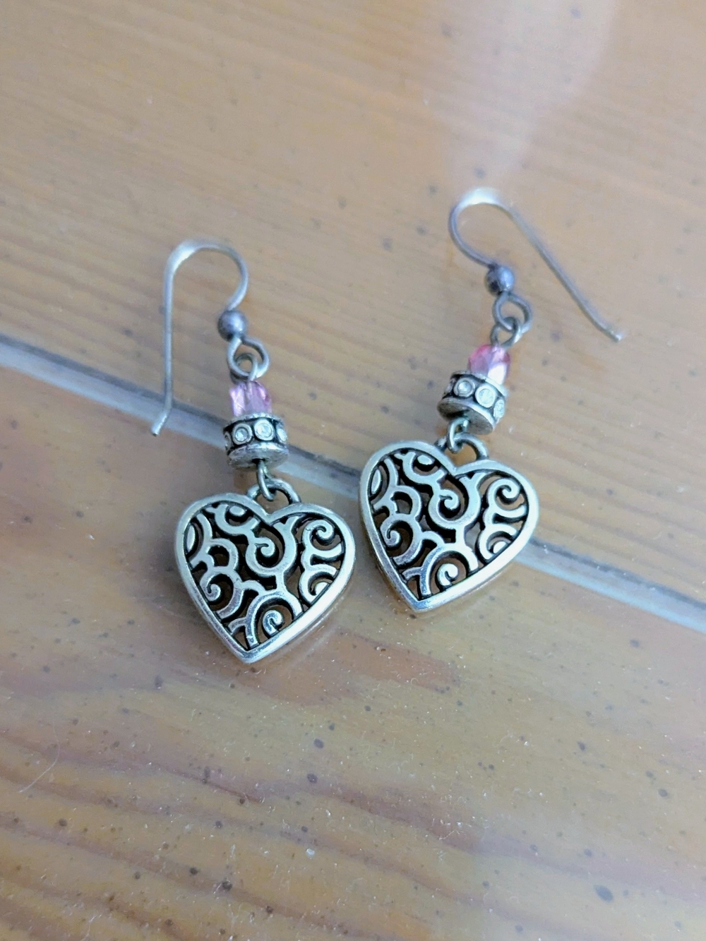 Brighton Silver-Tone Filigree Heart Earrings with Pink Beads